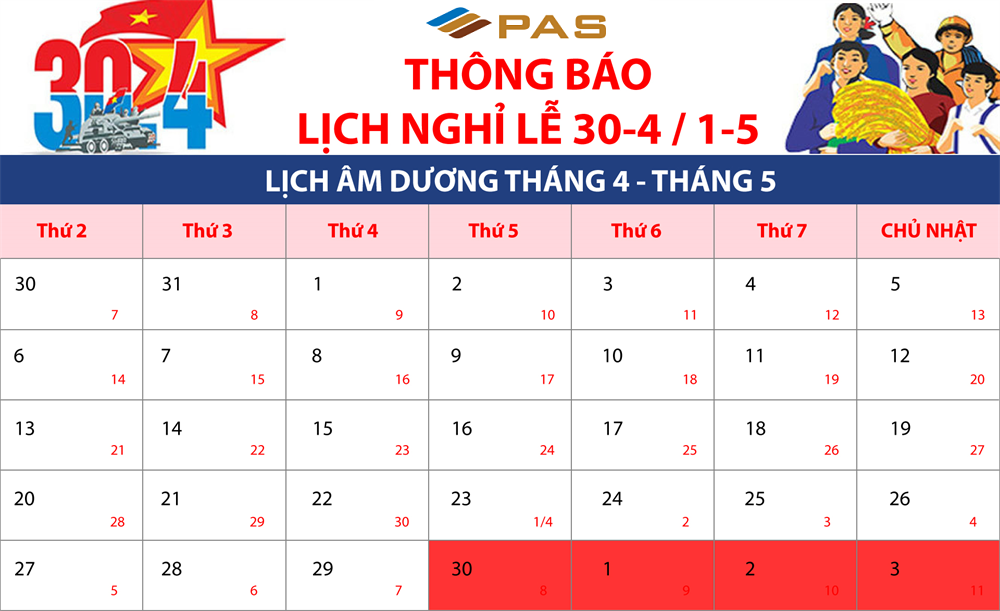 PAS Thông báo lịch nghỉ lễ 30/4 – 1/5/2020